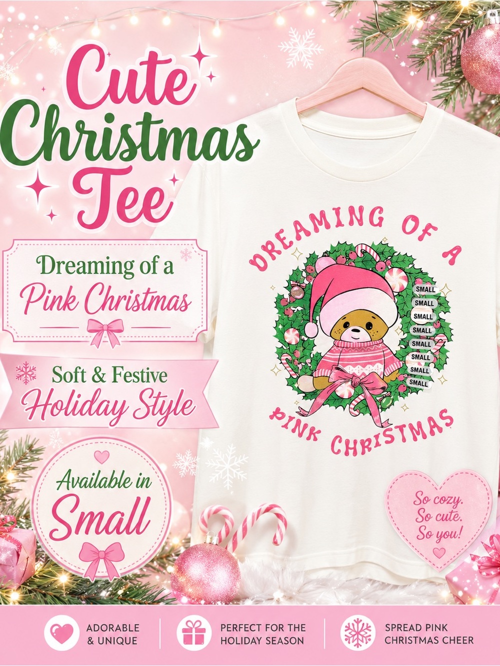 Dreaming of a Pink Christmas Kids Tee - White & Pink Holiday Shirt